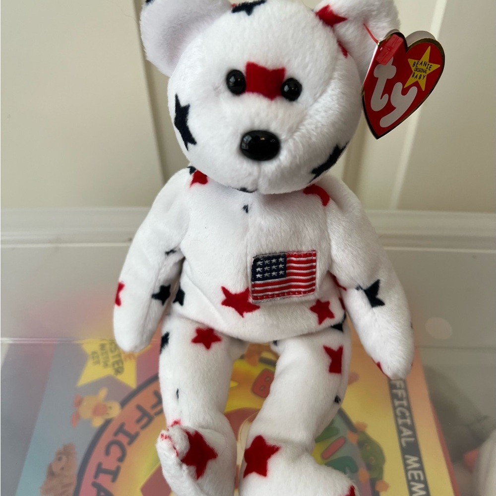 Ty Beanie Baby Bear “GLORY” with Red and Blue Stars and USA flag